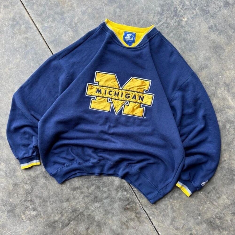 Michigan Wolverines Sweatshirt Mens L Blue NCAA Football Starter Crewneck VTG